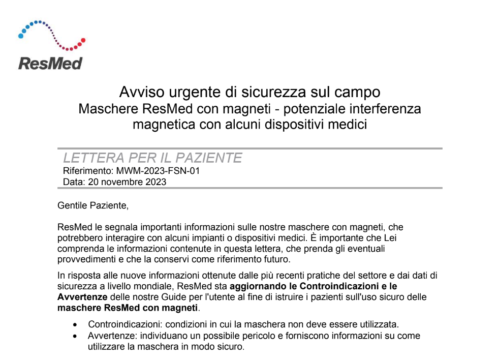 Avviso di Sicurezza Maschere ResMed