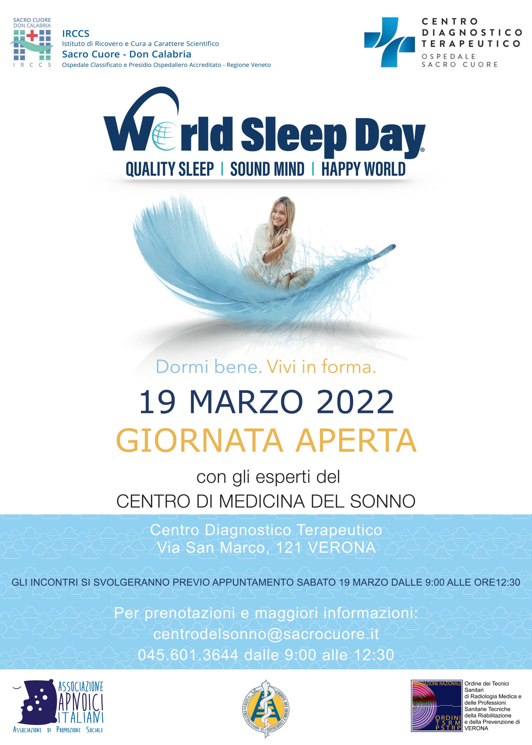 Sabato 19 Marzo –  giornata aperta con gli Esperti del Centro di Medicina del Sonno Sacro Cuore Don Calabria a Negrar (Verona) in occasione del World Sleep Day 2022